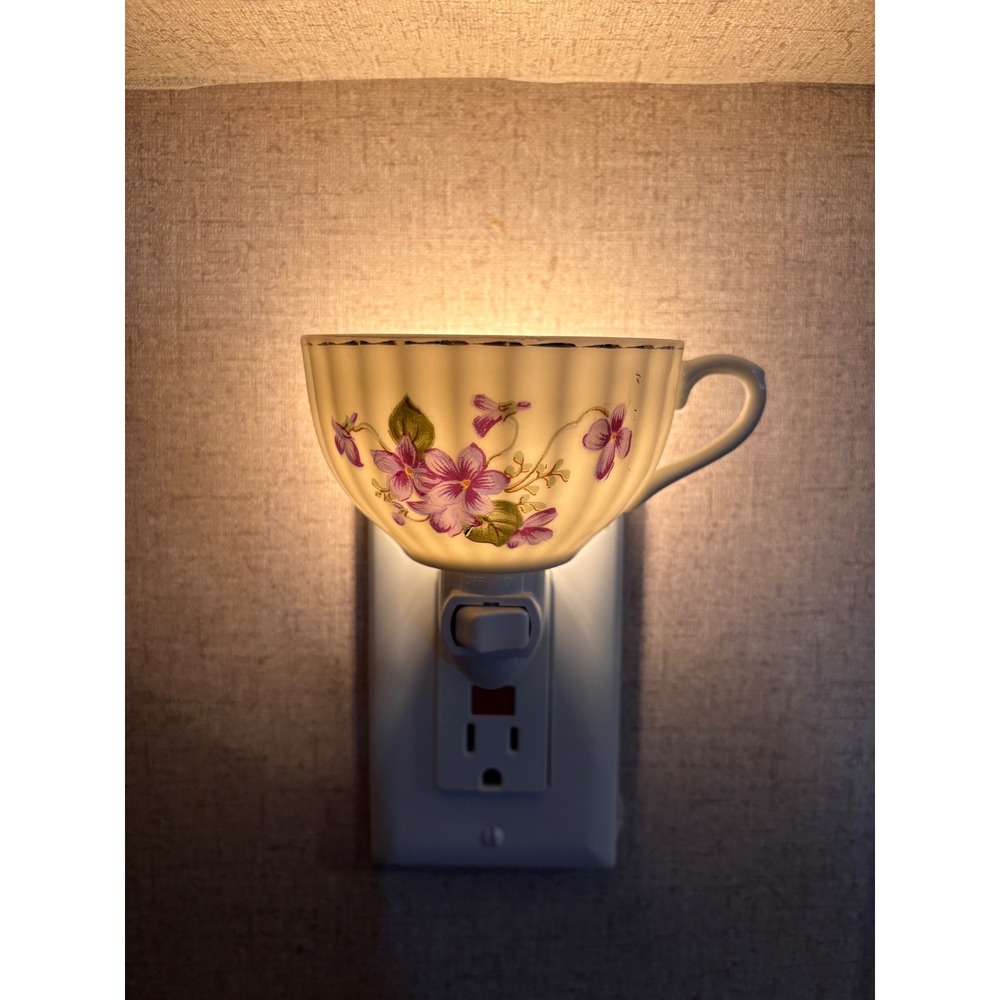 Handcrafted Vintage Teacup Night Light Purple Floral Violets Porcelain Plug-In